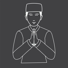 Muslim man welcome pose in black and white or grayscale color background. Outline people cartoon illustration of vector icon.