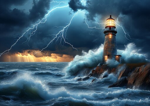 Intense Lightning Storm Over Ocean by Lighthouse