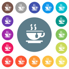 Cup of tea flat white icons on round color backgrounds