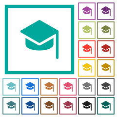 Graduation hat solid flat color icons with quadrant frames