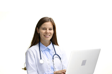 Female doctor, close-up, on a white background, with a laptop