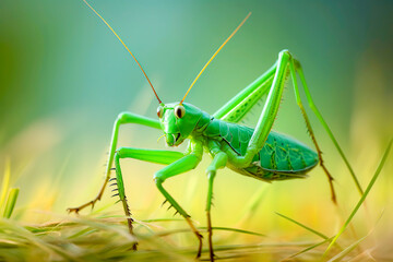 Close-up of a green grasshopper on a blade of grass with a soft-focus background.