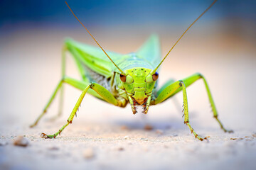 Close-up of a green grasshopper on a blade of grass with a soft-focus background.