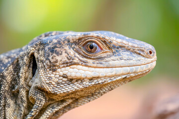 Obraz premium Close-up of a bearded dragon lizard on a log with a blurred green background.