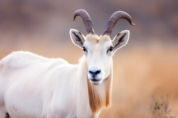Majestic Arabian oryx in motion across a blurred desert background, showcasing its long horns and white coat.