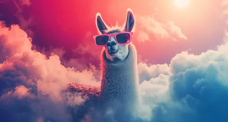 Selbstklebende Fototapeten an llama in the clouds with sunglasses © Asep