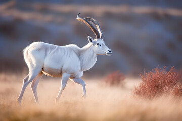 Majestic Arabian oryx in motion across a blurred desert background, showcasing its long horns and...