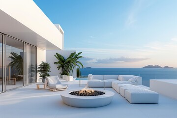 Fototapeta premium Luxury apartment terrace Santorini Interior of modern living room sofa or couch with beautiful sea view