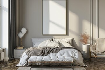 Minimalist Bedroom Poster Mockup, Modern Interior Design,Blank Frames in Stylish Bedroom, Interior Mockup