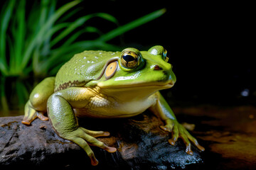 Fototapeta premium Close-up of a vibrant green tree African Bullfrog isolated on a black background, showcasing its glossy skin and detailed texture.