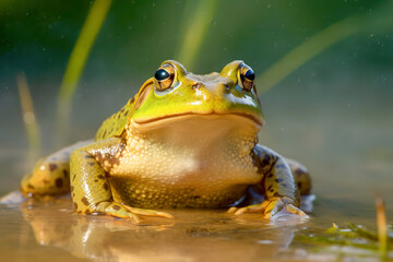 Fototapeta premium Close-up of a vibrant green tree African Bullfrog isolated on a black background, showcasing its glossy skin and detailed texture.