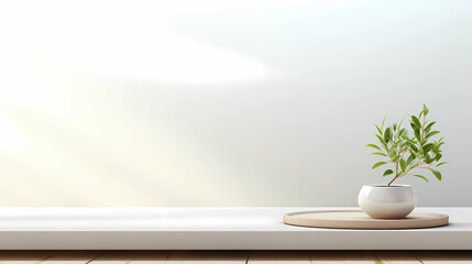 Empty white table top and white wall for product display mock up background, template