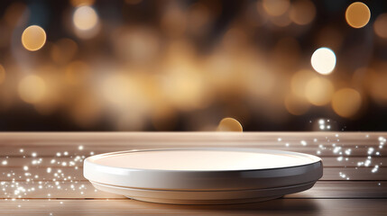 Empty wood  table over blur background for product display montage, mock up