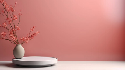 Empty white table top and pink wall for product display mock up background, template