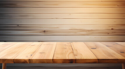 Empty wood table top and wood wall for product display mock up background, template