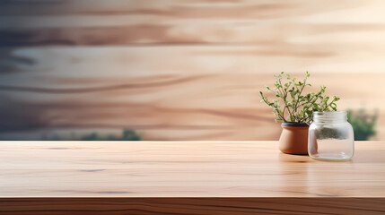 Empty wood table top and wood wall for product display mock up background, template,