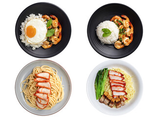 Top view of stir-fried shrimp with basil and chili With noodles, red pork, crispy pork in a plate, Thai food, separated from the background - clipping path.