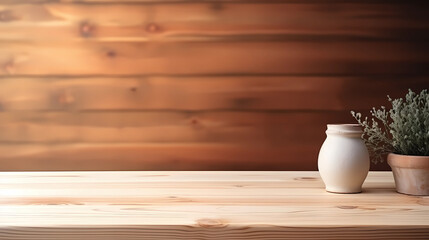 Empty wood table top and wood wall for product display mock up background, template