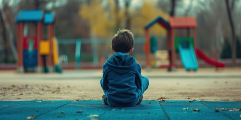 Lonely Child: Boy Sitting Alone on School Playground, Looking Distressed and Isolated. - obrazy, fototapety, plakaty