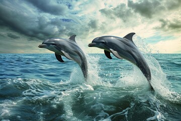 Fototapeta premium Dolphins bursting out from the sea