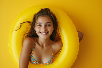 young beautiful woman with an inflatable ring for swimming on vacation isolated on a yellow summer background - obrazy, fototapety, plakaty