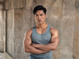 Mid Adult Handsome Asian Muscular Guy in Tank Top Crossing Arms while Looking at Camera Portrait