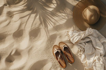 Obraz premium Top view summer time of hats shoes and towels on the beach, summer holiday concept. Flat lay