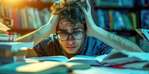 Fototapeta na wymiar Academic Pressure: Stressed Student with Head in Hands, Feeling Overwhelmed by Schoolwork