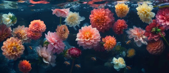 Fototapeta na wymiar Mesmerizing Floating Dahlias and Buoyant Bees Gracefully Embrace the Serene Water Wonderland