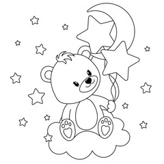 Adorable bear sits on a cloud with balloons in the shape of the moon and stars. Coloring page for children. Print it out and bring it to life with color. Happy Valentine's Day. PNG. Vector illustr