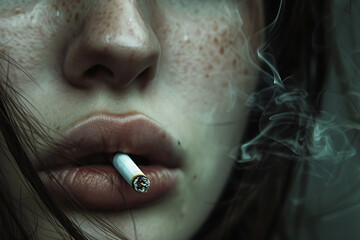 young teenage girl smokes with a cigarette, the harm of tobacco smoke and smoking on health
