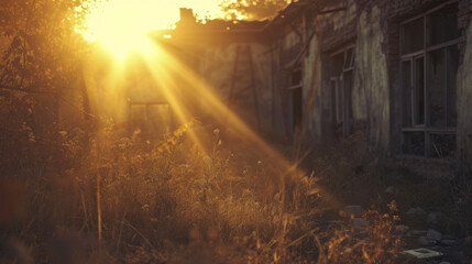 Backlit by the setting sun a deserted town is filled with a sense of mystery and abandonment.