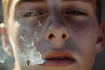 young teenage boy smokes with a cigarette, the harm of tobacco smoke and smoking on health