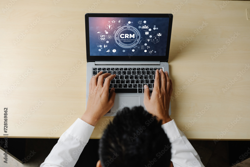 Poster customer relationship management system on modish computer for crm business and enterprise