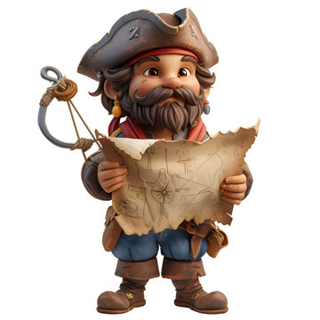 A 3D animated cartoon render of a brave pirate captain with a hook hand and a treasure map. Created with generative AI.