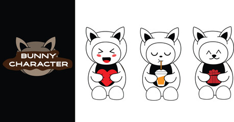 Cute rabbit character with various expressions. Cute bunny character holding gift, heart, drink. Editable character color 