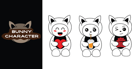 Cute rabbit character with various expressions. Cute bunny character holding gift, heart, drink. Editable character color 