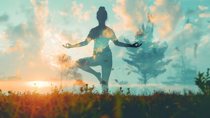 Double Exposure Yoga Silhouette with Ethereal Landscapes