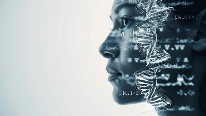 Genetic Discovery Double Exposure Portrait with DNA Strands