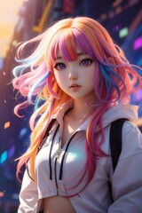 Cute Anime Girl with Rainbow Hair, Rainbow Colorful Anime, Beautiful Anime Girl, Cute Anime Girl, Anime Girl, AI Generative
