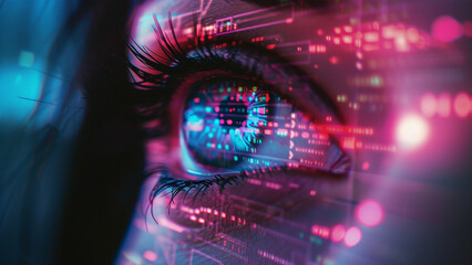 Fototapeta na wymiar Cybernetic Futuristic Eye Double Exposure with Neon Circuit Patterns