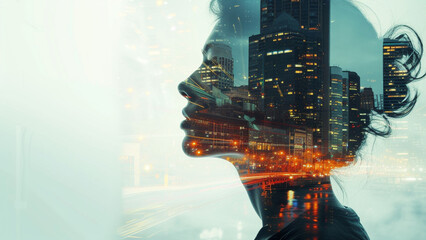 Double Exposure of Determined Profile Against City Streets