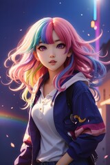 Cute Anime Girl with Rainbow Hair, Rainbow Colorful Anime, Beautiful Anime Girl, Cute Anime Girl, Anime Girl, AI Generative