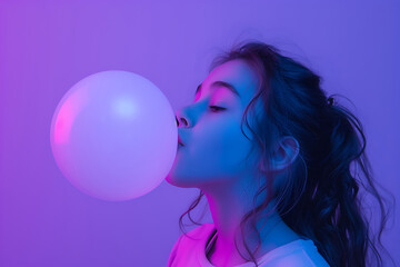 Side view of a young girl inflating a bubble made of chewing gum