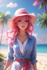 Beautiful Anime Girl on Beach, Anime Girl, Anime character, Cartoon Anime, AI Generative