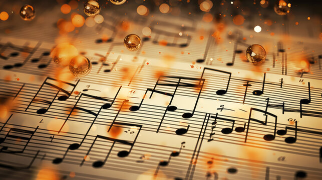 Music background. Music Ntes. 4K widescreen wallpaper background with music notes. Golden notes. Music orchestra notes. Music theme.