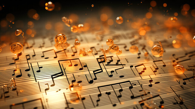 musical notes background. 4K widescreen wallpaper background with music notes. Golden notes. Music orchestra notes. Music theme.