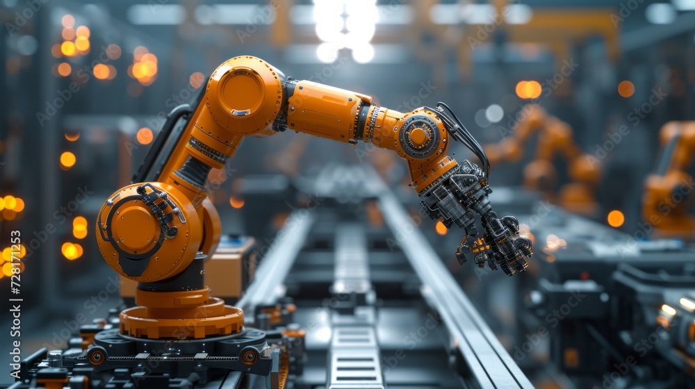 Wall mural futuristic robot arms engaged in high-tech manufacturing. advanced mechanical engineering at work wi