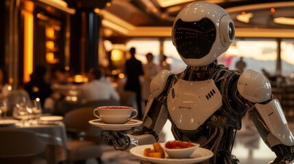 Robot waiter serving gourmet burger in upscale restaurant - Automated service industry revolution