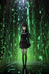 Binary code anime girl, anime futuristic girl, cyber anime girl, AI Generative